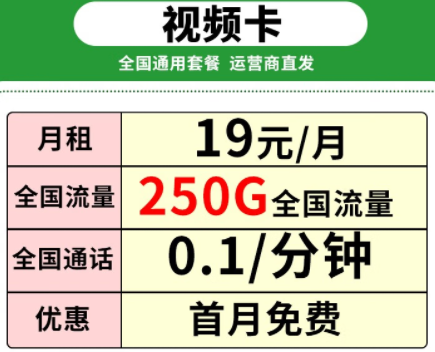 中國移動(dòng) 移動(dòng)視頻卡流量卡5G網(wǎng)絡(luò) 【純通用可選號(hào)送會(huì)員】19元250G全國流量+0.1元/分鐘語音通話